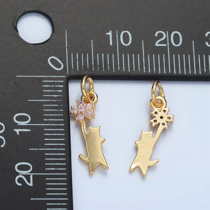 Aim Eternal - Wholesale Individual Charm/Pendant - 24K Gold Filled Kitten Cat Reach Pink Flower CZ Charm | X2972