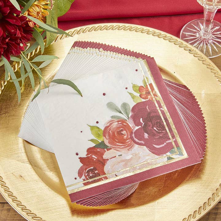 Kate Aspen - Wholesale Disposable Napkin - Burgundy Blush Floral 2 Ply Paper Napkins (Set of 30)