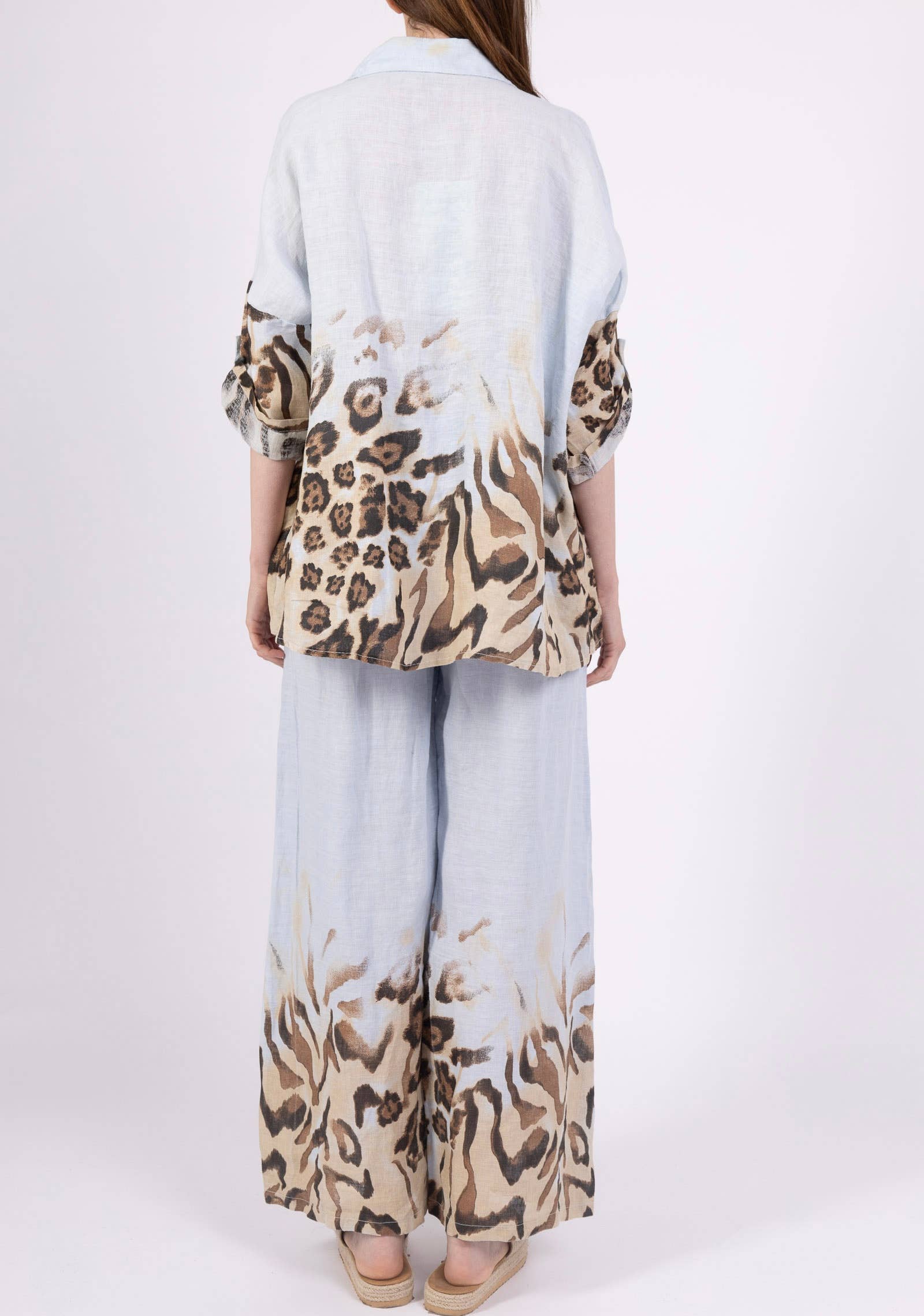 LINEN & COTTON HOUSE – Engroshandel Overdelssæt – til kvinder – Leopardmønstret hørskjorte og bukser sæt 09002 484034