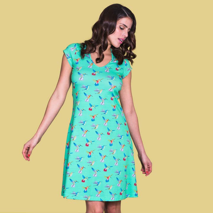 Abito in jersey di cotone con stampa colibrì per la vendita all'ingrosso da parte di ANDREA HINNEN