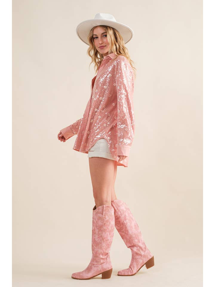 FERSKEN 34063T - Sequin Ditsy Flower Broderet Knap Up Shirt for engroshandel på Faire5