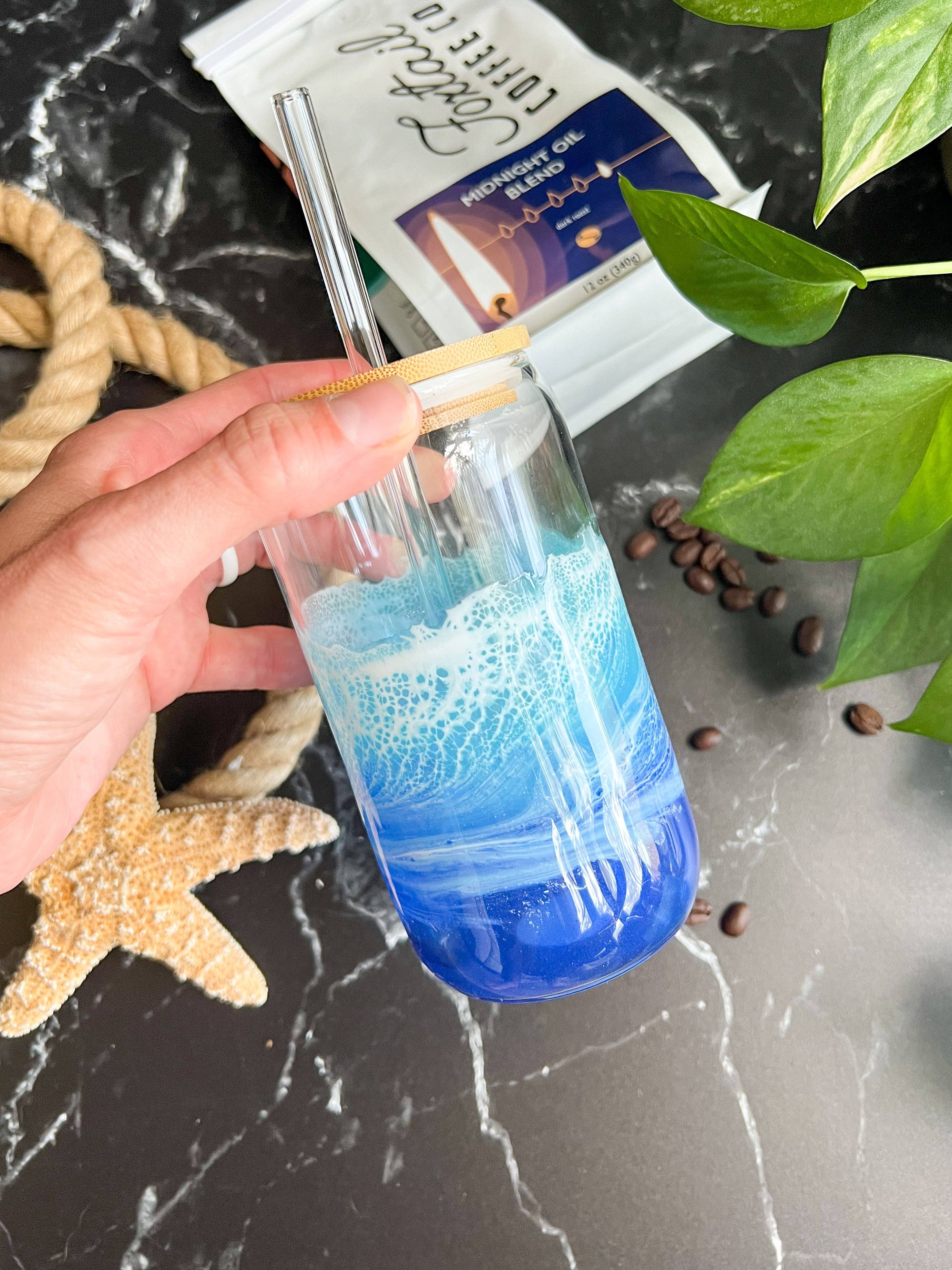 Citrus Waves Art - Wholesale Drinking Glass/Cup - Iced Coffee Glass with glass straw (16oz)4