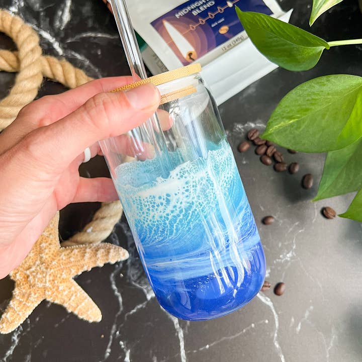 Citrus Waves Art - Wholesale Drinking Glass/Cup - Iced Coffee Glass with glass straw (16oz)4