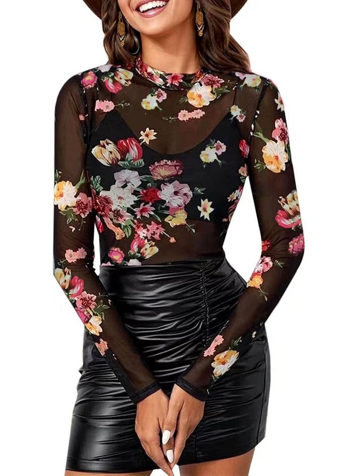 Miss Sparkling - Wholesale Blouse - Women's - Mesh Printed Long Sleeve1