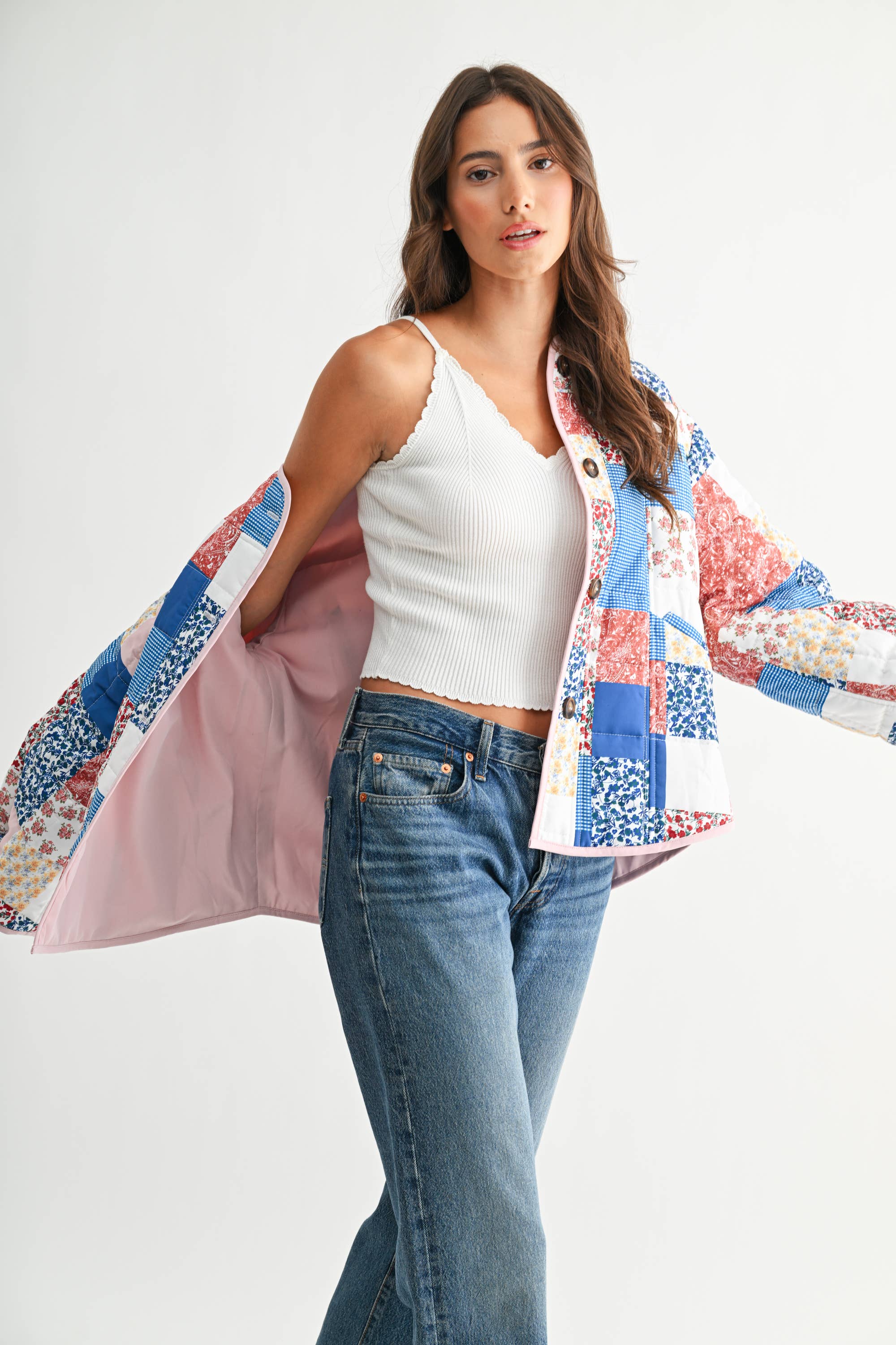 BLUE MULTI CJJ26871 PATCHWORK BLISS QUILTED JACKET for wholesale on Faire11