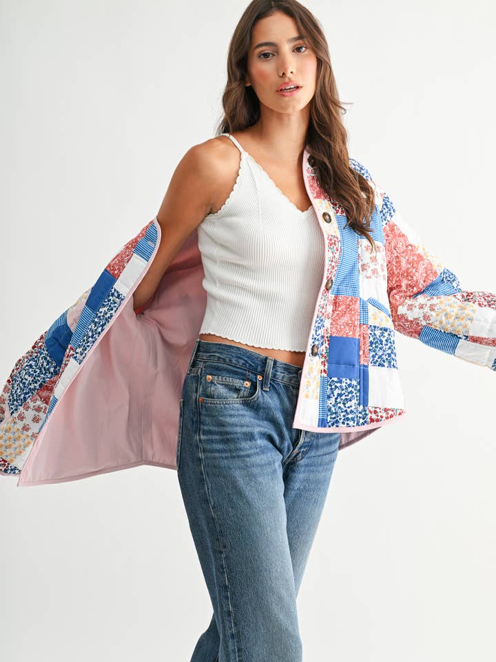 BLUE MULTI CJJ26871 PATCHWORK BLISS QUILTED JACKET for wholesale on Faire11