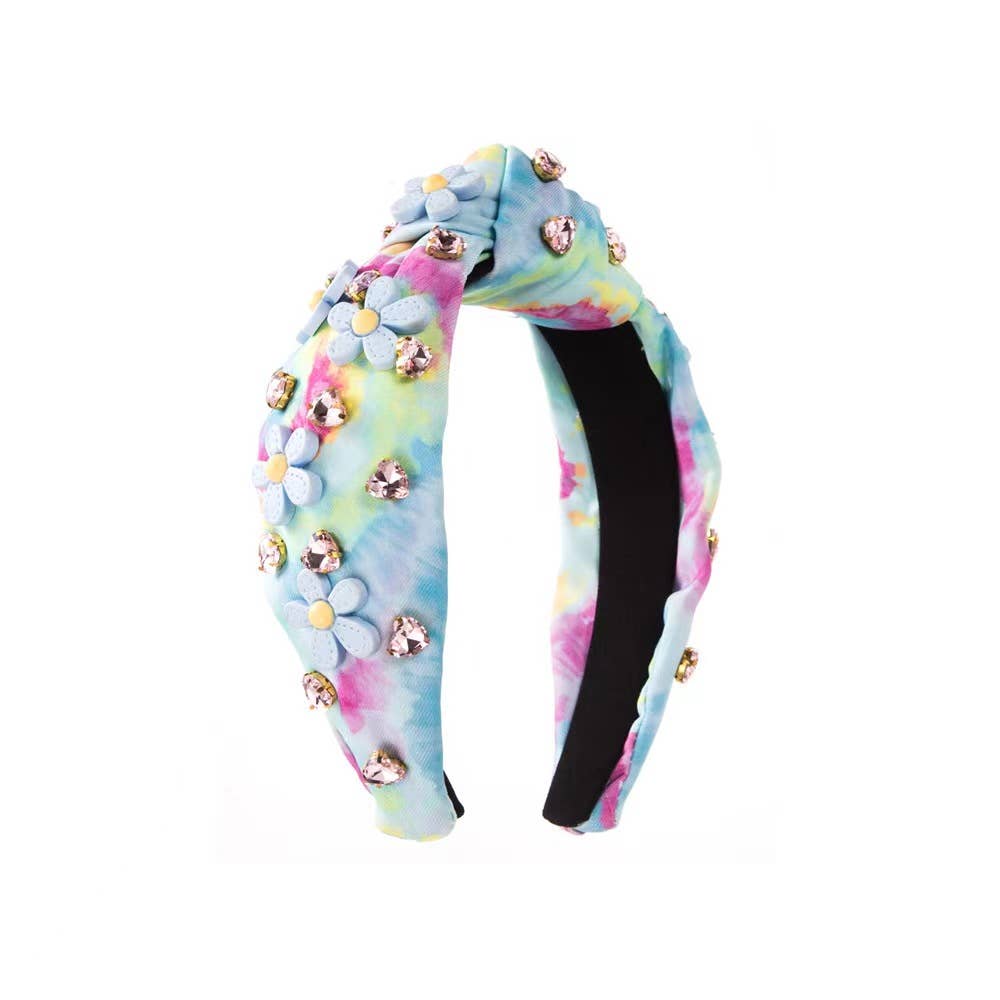 Mavi Bandz - Wholesale Fashion Headband - Women's - Daisy Rhinestone Tie Dye Knot Blue Jewel Headband Spring