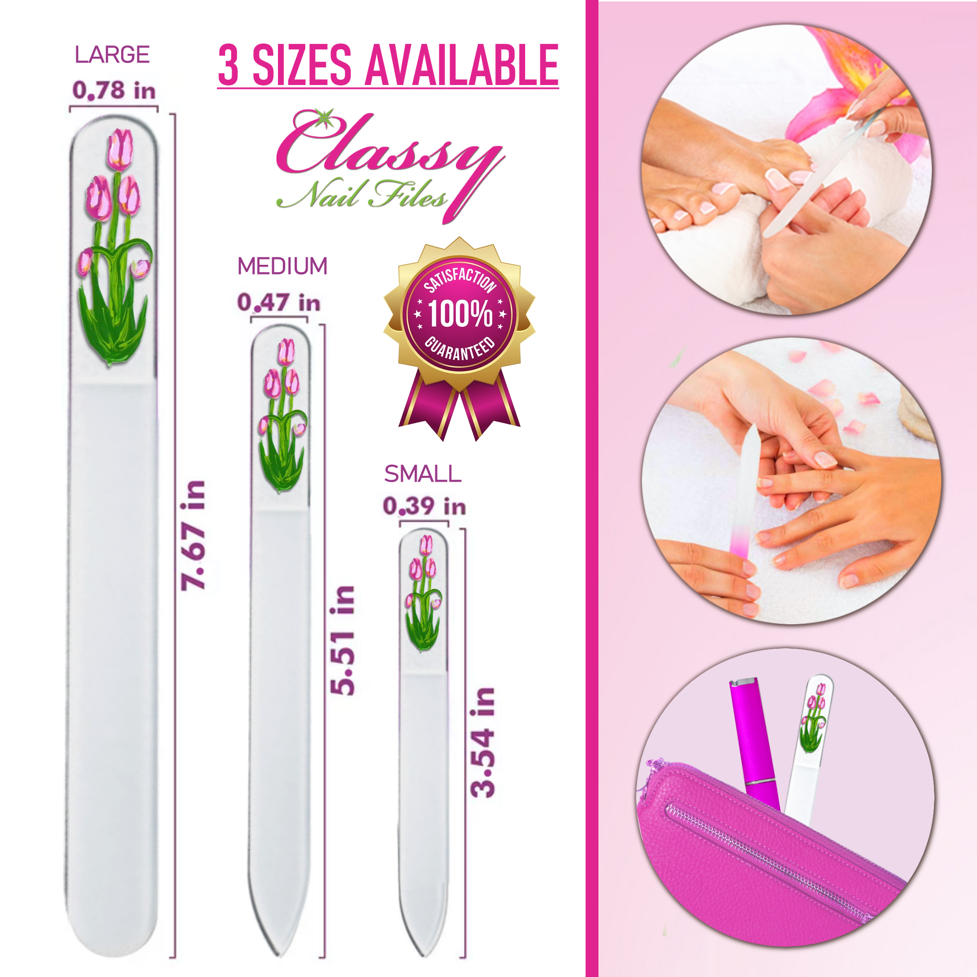 Classy Nail Files – wholesale Nail file – Pink Tulips Spring Flowers Hand Painted Crystal Nail File1