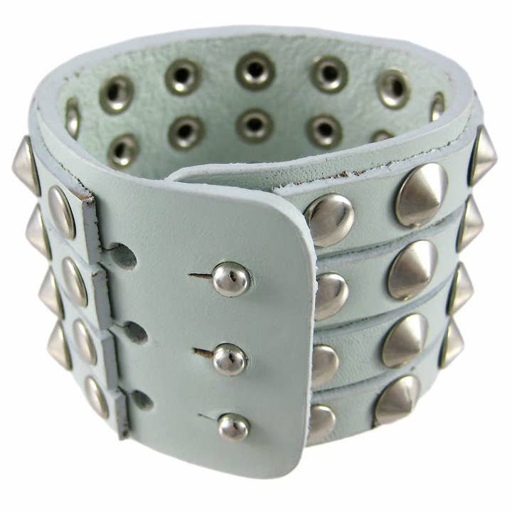 Things2Die4 - Wholesale Wristband - Gray Leather Gauntlet-Style Wristband / Bracelet with 4 Rows of Chrome-Plated Conical Studs - 2 Inches Wide - Fits Wrists 7 1/2 to 8 Inches - Rocker-Wear1