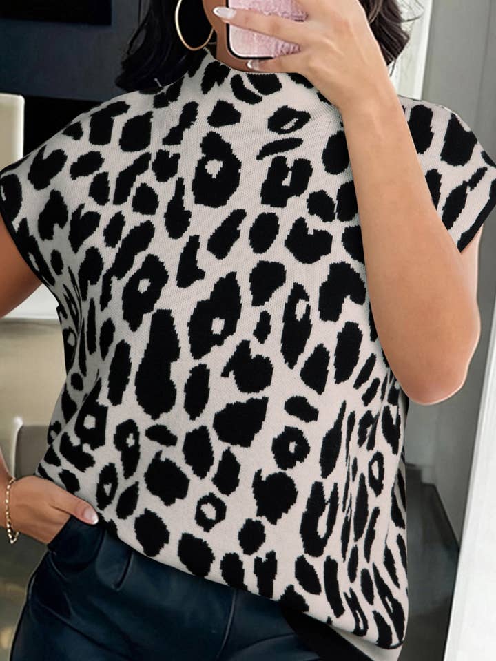Svart leopardmönstrad tröja med hög krage och korta ärmar för wholesale av Shoppe247