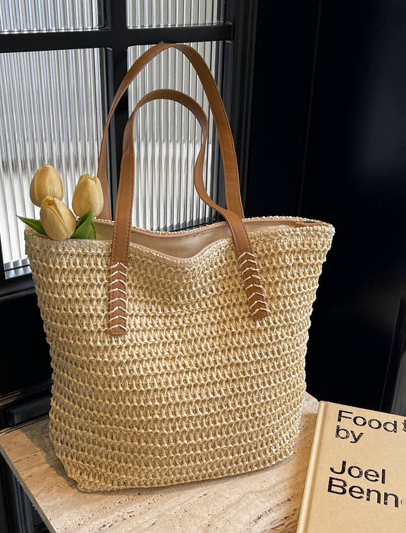 EmberLoom - Wholesale Beach Bag - Woven Straw Tote with Leather Handles1