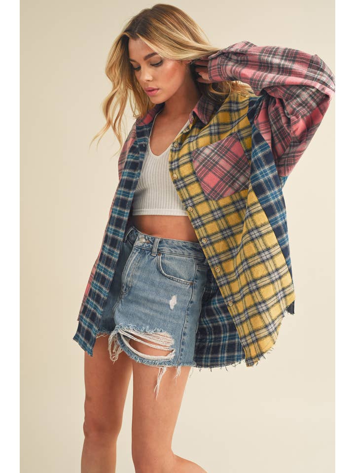 Blue Pink Yellow 8316DN  Neela Multi Color Plaid Flannel Shirt for wholesale on Faire4