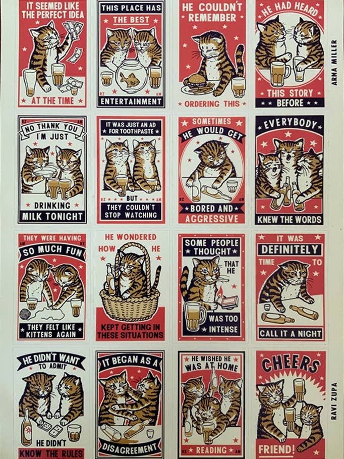 Foglio di adesivi con gatti ubriachi per la vendita all'ingrosso da parte di Arna Miller Illustration