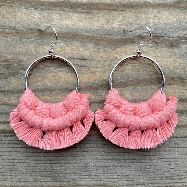 Small Fringe Earrings - Coral & Silver for wholesale by HK Macrame Jewelry