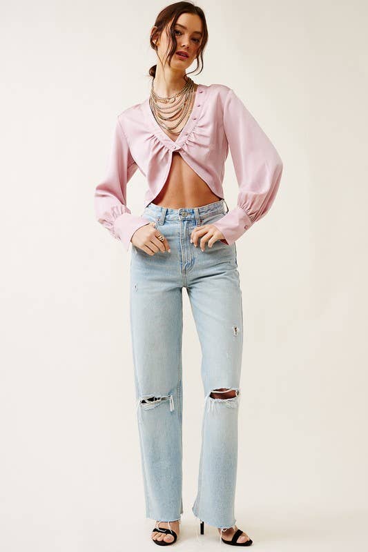 Mimosa - Wholesale Blouse - Women's - V neck Satin Crop Blouse with Button Accents8