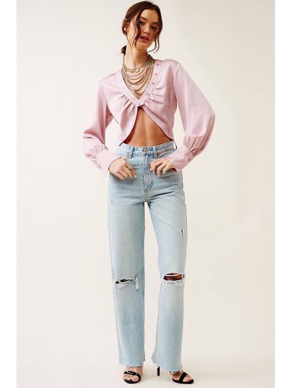 Mimosa - Wholesale Blouse - Women's - V neck Satin Crop Blouse with Button Accents8