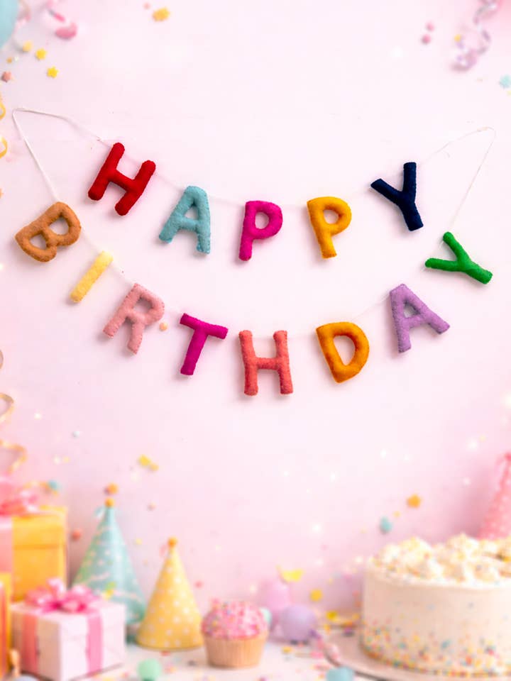 Happy Birthday Garland Multicolor Wool Felt Banner for wholesale by KNOBCO