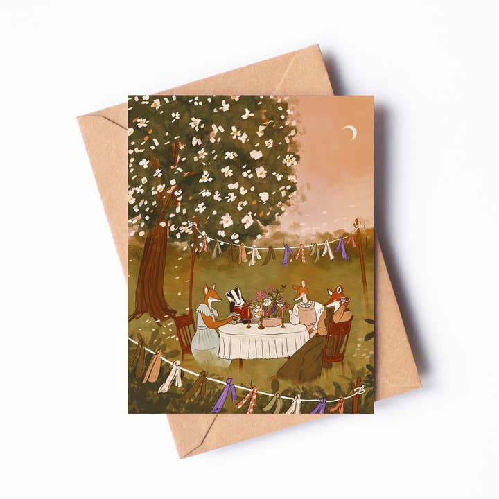 Garden Tea Party Single Blank Greeting Card for wholesale by Randi Lynn Reed Illustration