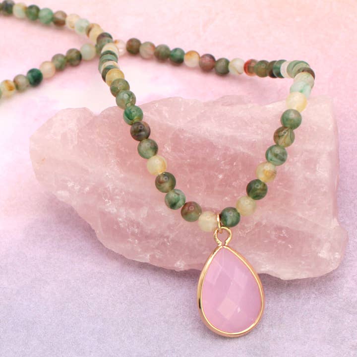 Pink Teardrop Green Stone Look Bead Necklace for wholesale by ZAD