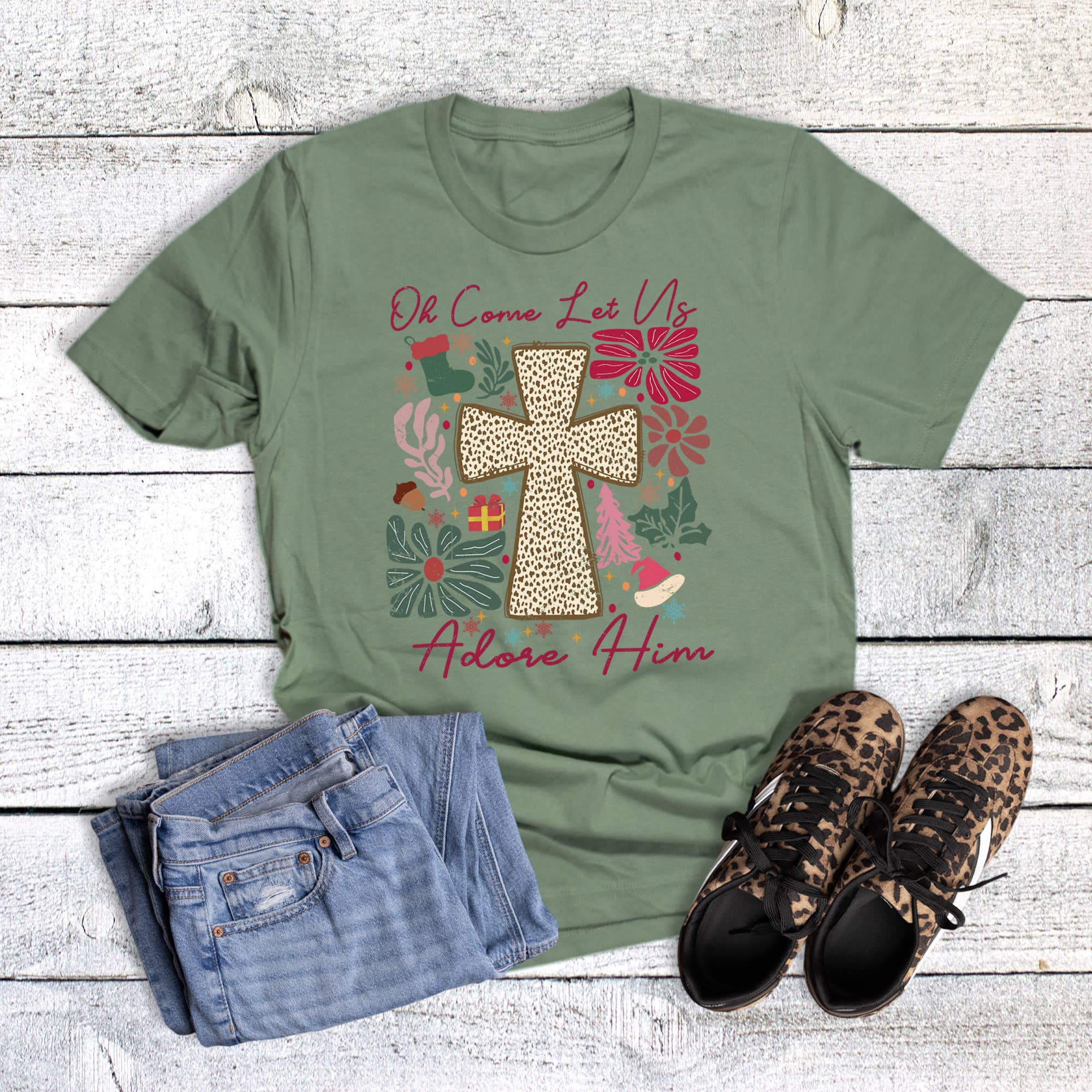 Sage Boho Faith Oh Come Let Us Adore Graphic Tee for wholesale on Faire0
