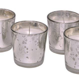 Votiva riempita di cera di vetro argento mercurio (2,5" x2,25") per la vendita all'ingrosso da parte di S.N.K. Home Decor