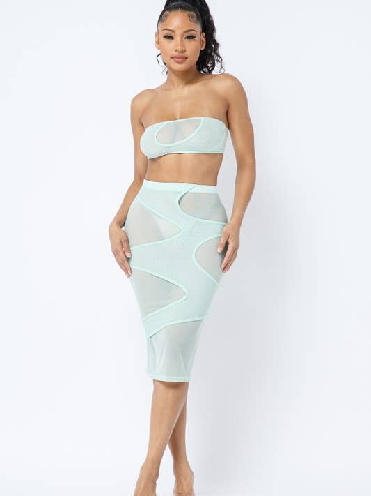 Buistop van mesh met uitgesneden details en midi-rokset voor wholesale door Belita Collection