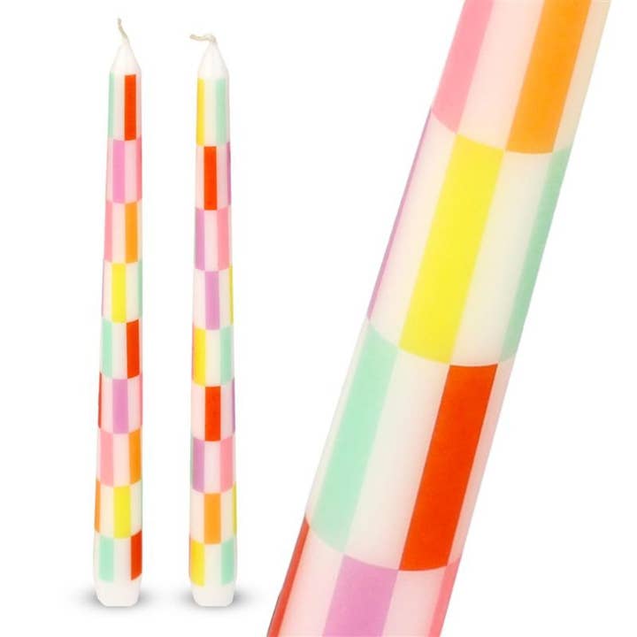 Multi Colored Check Taper Dinner Candles - 2 Pack for wholesale by Talking Tables USA