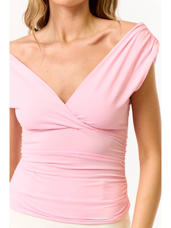 Blue Blush - Wholesale Blouse - Women's - BT25836 V-Neck Ruching Top : Can Be Worn Two Ways