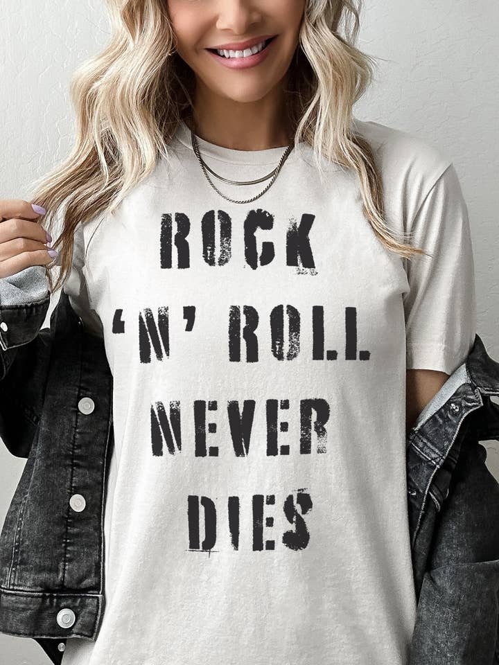 Johnny Threads - Wholesale Screen Printed T-Shirt - Women's - Rock 'N' Roll Never Dies Graphic Tee Shirt
