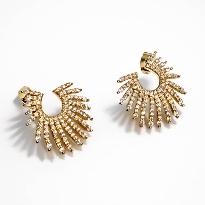 Gold Plated CZ Fan Stud Earrings, Sterling Silver Post, 2 cm for wholesale by Sedy Jewelry