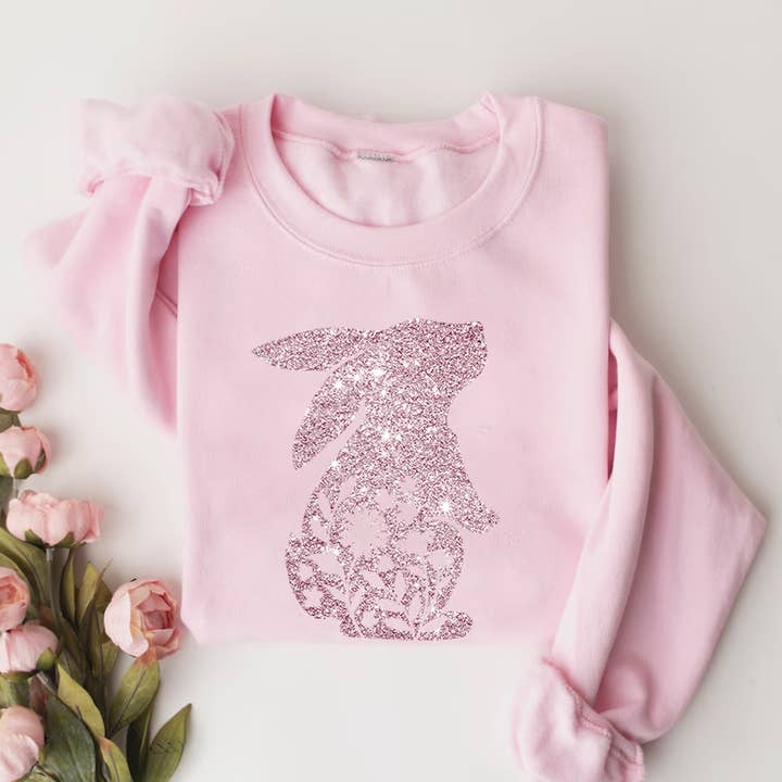 One Nine - Wholesale Graphic Sweatshirt - Women's - Bunny Glitter Sweatshirt, Happy Easter Sweatshirt, Glitter2