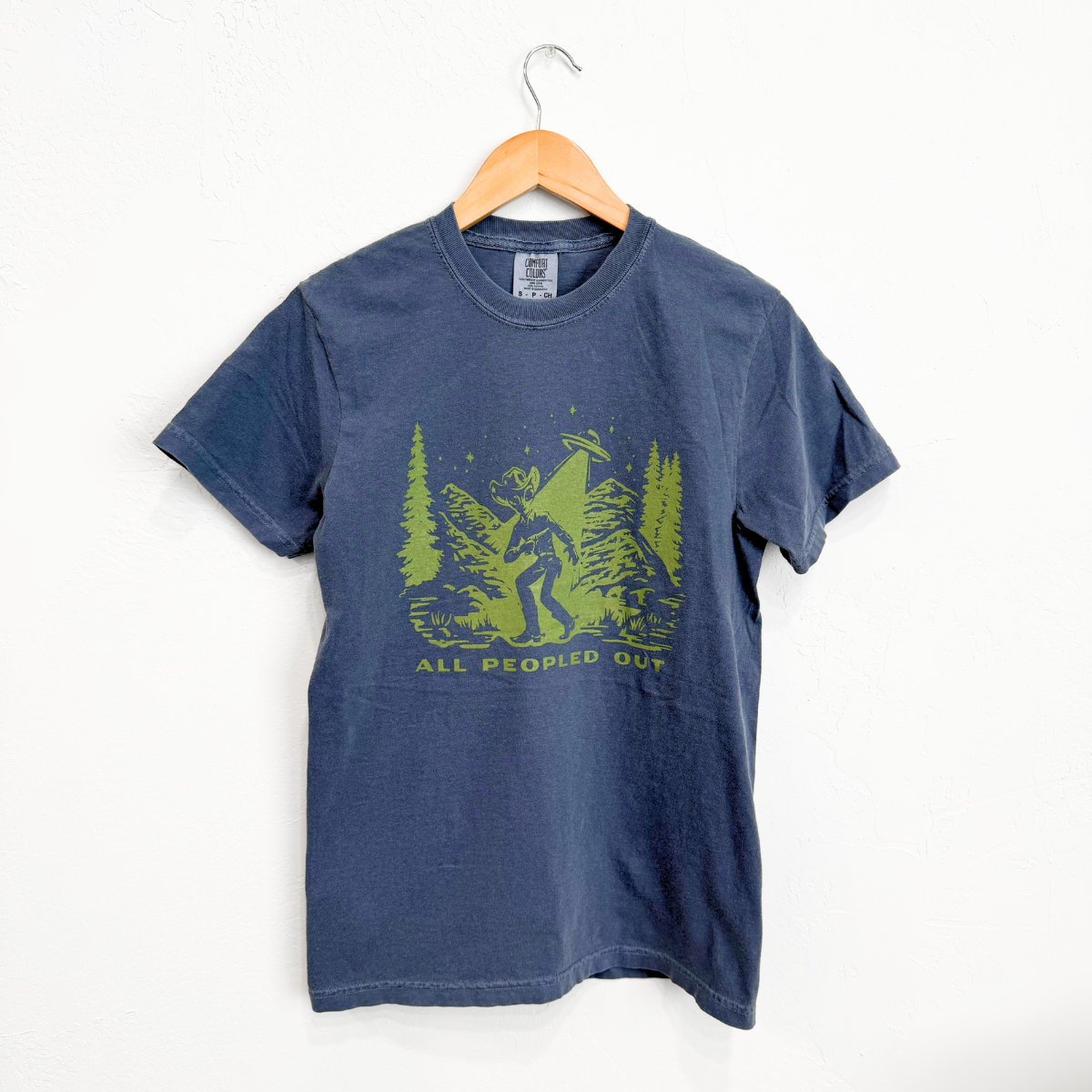 The Montana Scene - Wholesale Screen Printed T-Shirt - Women's - All Peopled Out Unisex Tee - Denim2