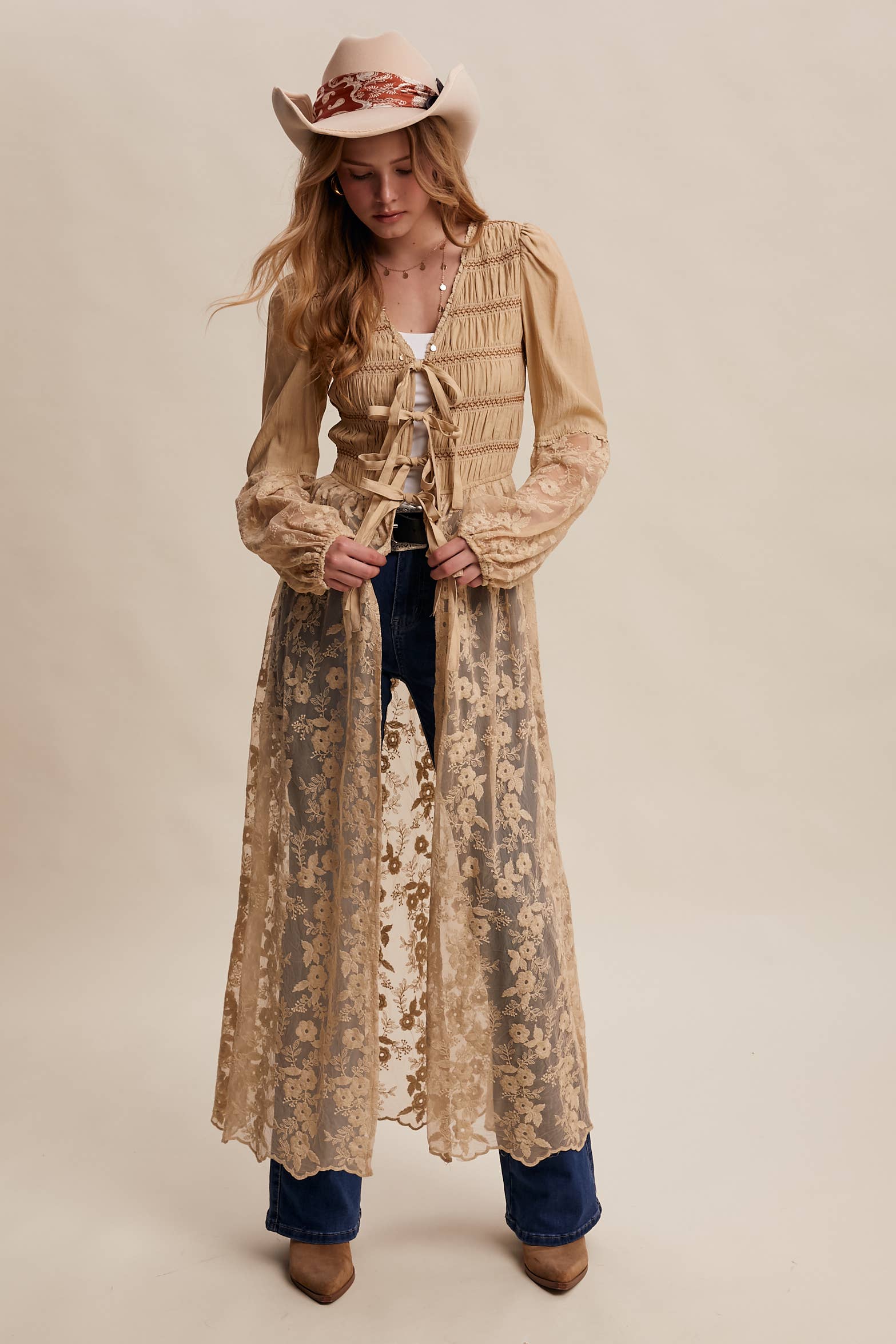 Listicle - Wholesale Kimono - Women's - Lace-Up Embroidered Maxi Kimono LJ02613