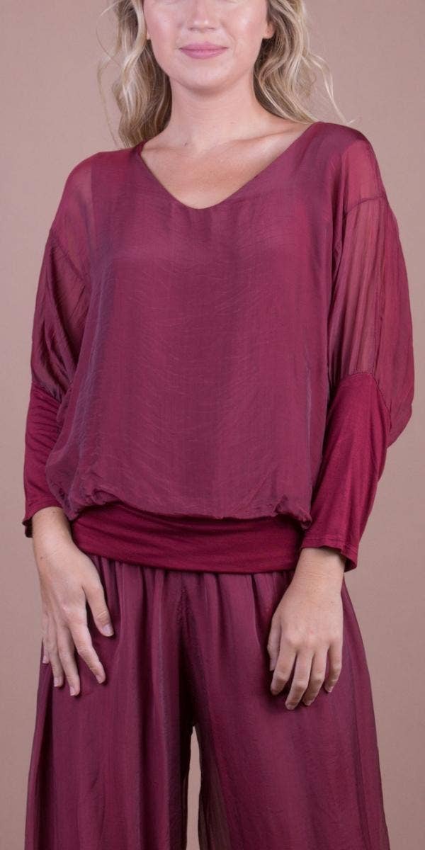 Gigi Moda - Vente Chemisier – femme - Blouse en soie à manches longues et col en V avec taille à bandes0