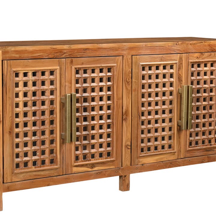 71" Brown Solid Wood Carved Geometric Sideboard with Four Doors for wholesale by HomeRoots