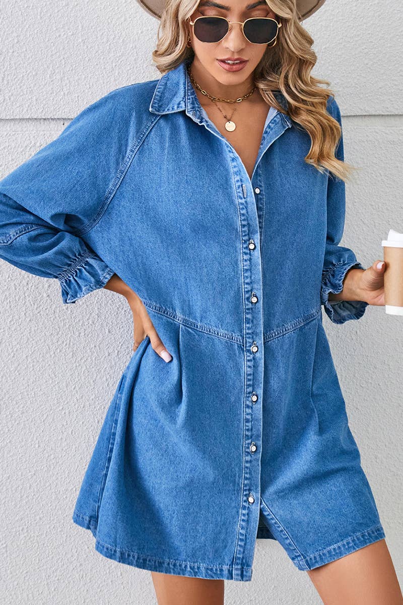 Lily Clothing - Wholesale Dress - Women's - Loose wash long sleeve denim single breasted short dress1