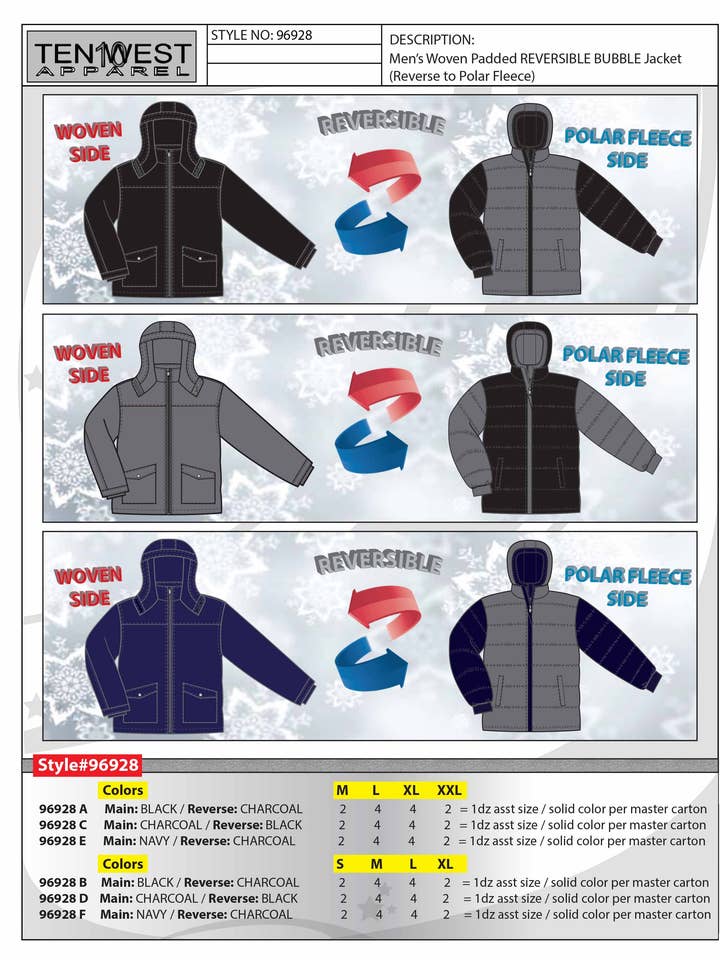 Mens reversible padded jacket black M-2X for wholesale by Ten West Apparel