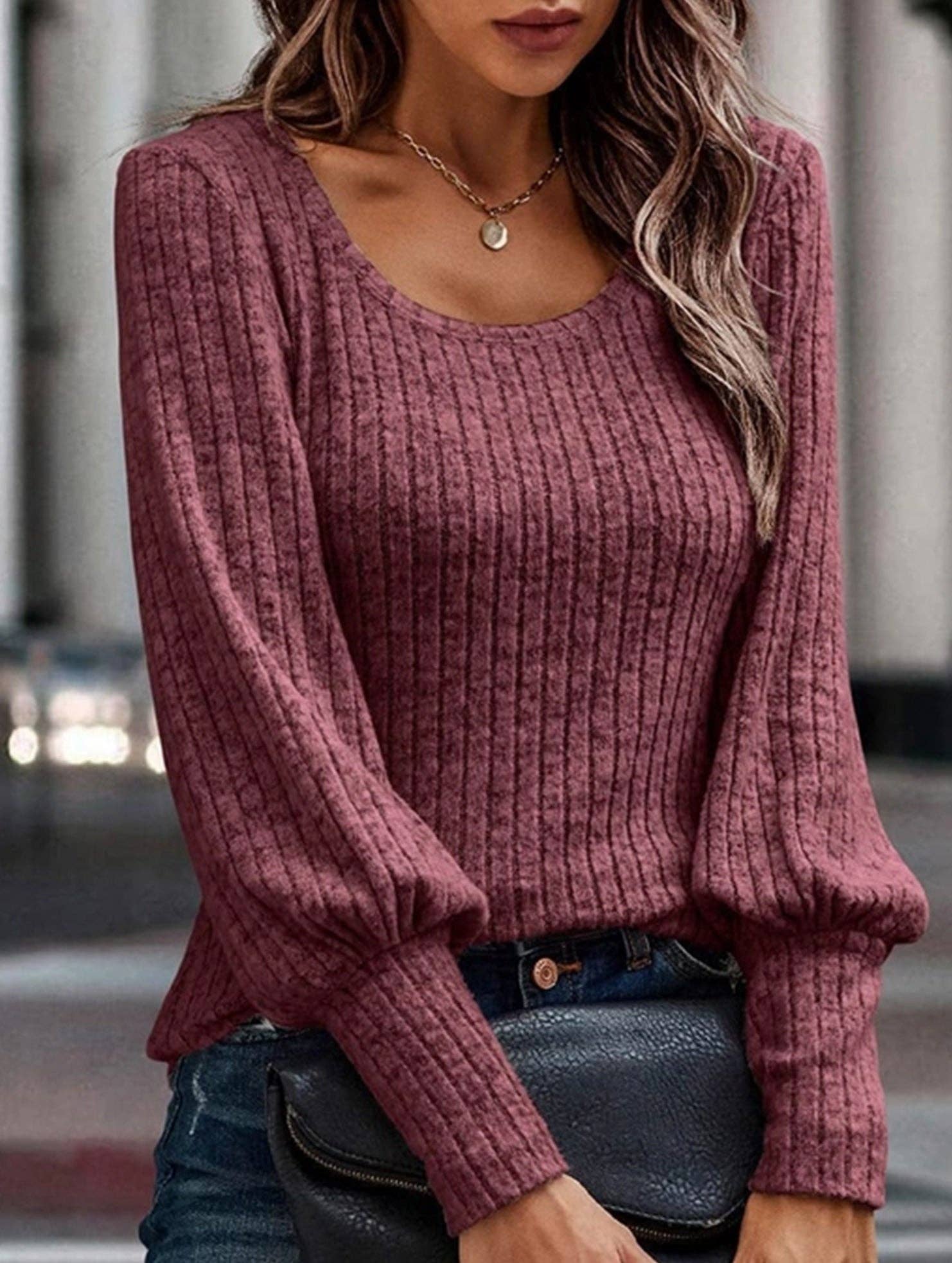 Lovenne - Wholesale Knit Top - Women's - PIT STRIP SHAVED ROUND NECK LANTERN SLEEVE TOP2