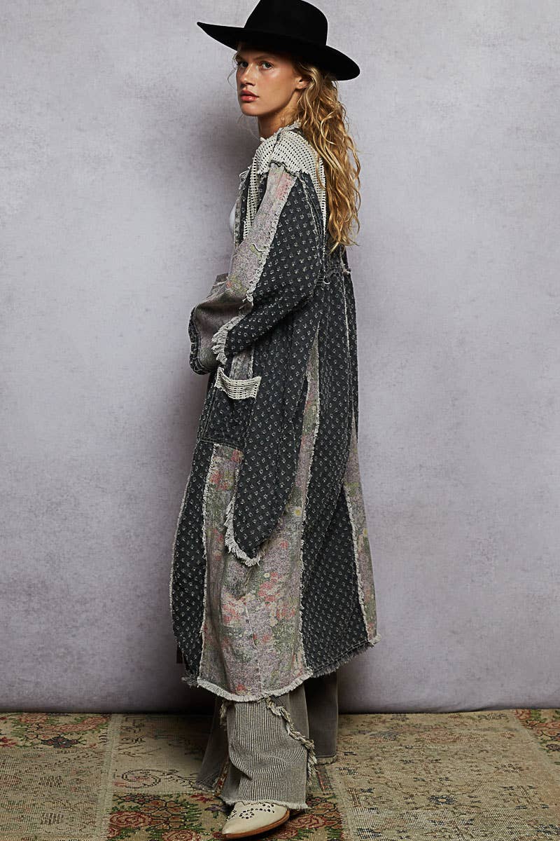 Pol Clothing - Wholesale Cardigan - Women's - Long sleeve crochet contrast denim maxi length open cardigan3