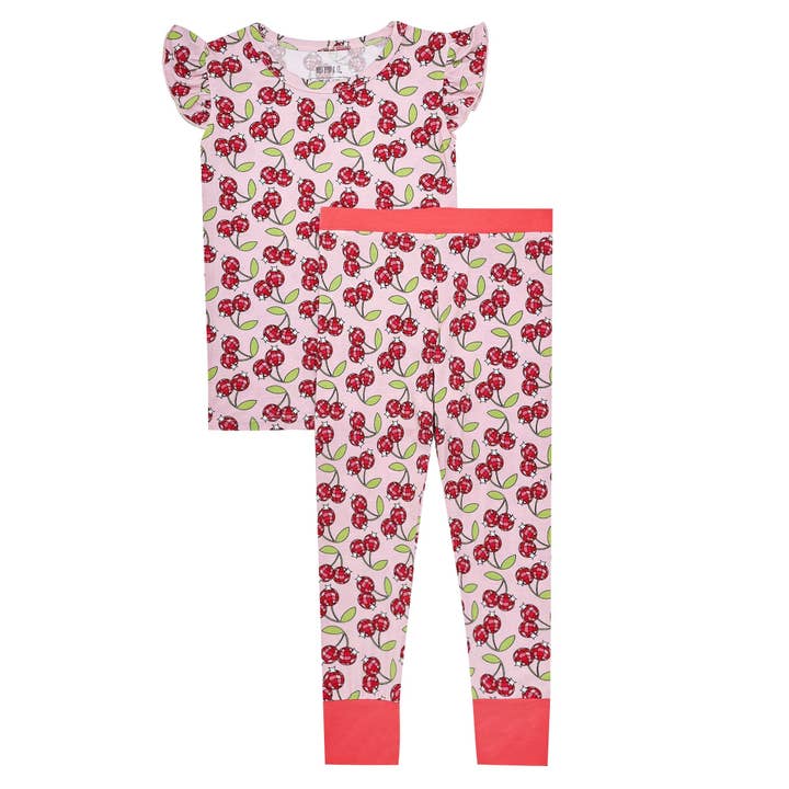 Ensemble deux pièces à volants Cherry Pop pour la vente par Baby Bean & Co.