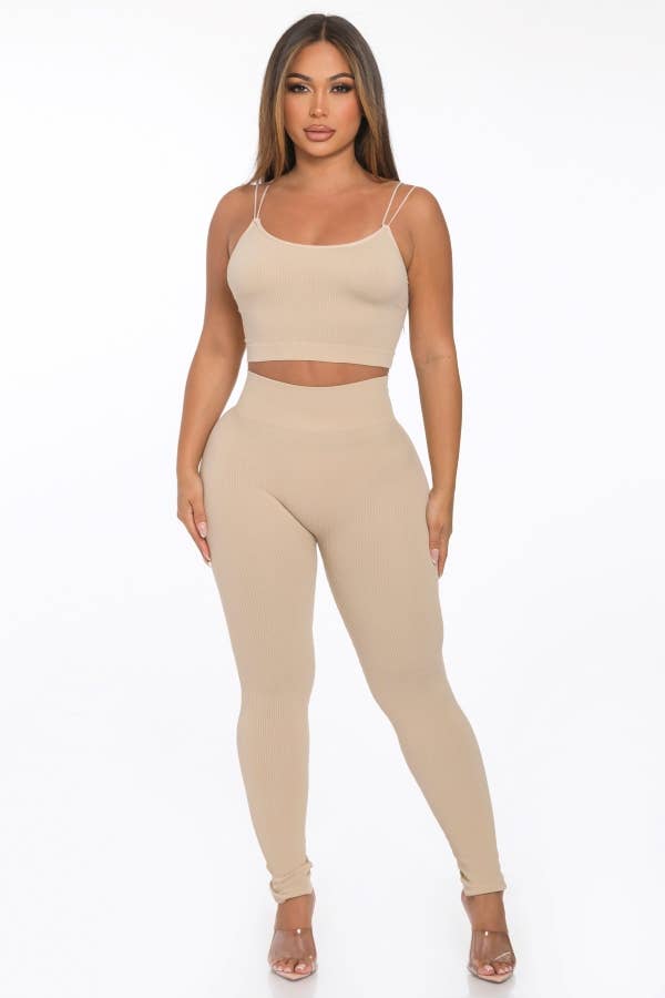 Lime All the Time - Wholesale Lounge Set - Women's - 2 Pcs Seamless Double Spaghetti Strap Top and Legging Set6