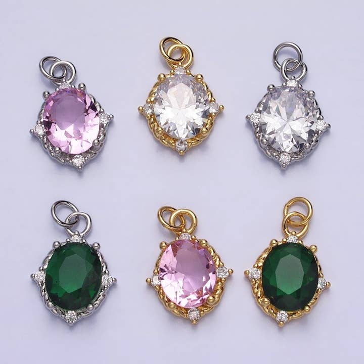 Silver Colorful Oval Brilliant Cut Cubic Zirconia Stones Clear, Pink Green Gold CZ Charm AC539 AC540 AC541 AC542 AC543 AC544 for wholesale by Aim Eternal