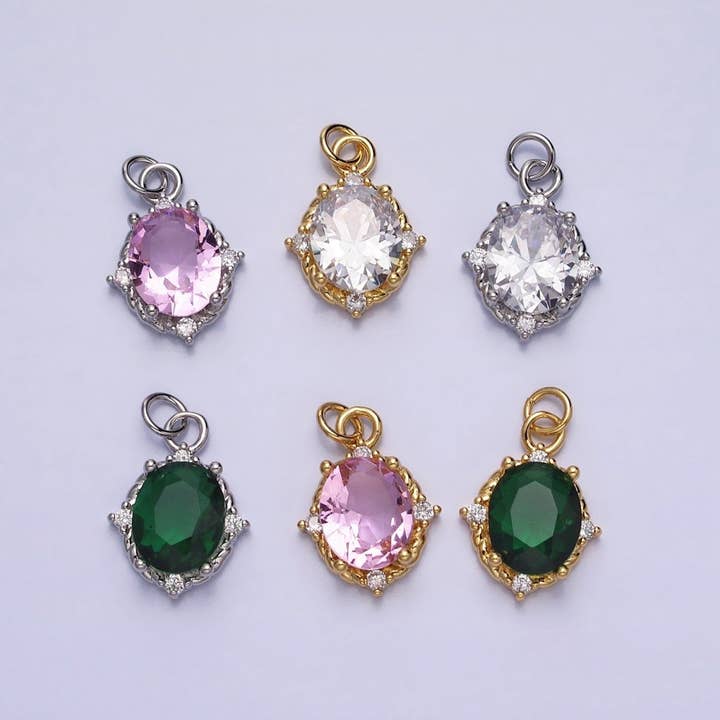 Piedras de Circonita Cúbica de Corte Brillante Ovalado Colorido Plateado Claro, Rosa Verde Oro CZ Charm AC539 AC540 AC541 AC542 AC543 AC544 para venta al por mayor de Aim Eternal