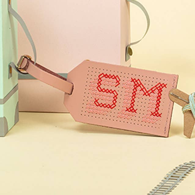Chasing Threads - Wholesale DIY Craft Kit - DIY Cross Stitch Luggage Tag kit - Pink with red thread0