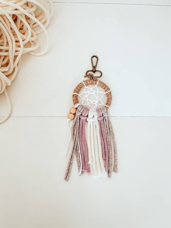 Boho Mini Dream Catcher Keychain for Car in Pink & Blue for wholesale by Naorvi Macrame