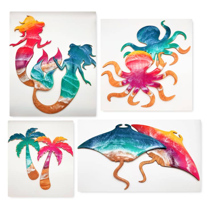 12 Pieces of Resin Coastal Beach Scenes on Wooden Cutouts for wholesale by JEMS of the Sea
