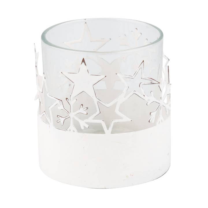 A42042: Mtl&gls votv hldr,wht mtl stars,clr gls hldr,3in for wholesale by Silver Tree Home & Holiday