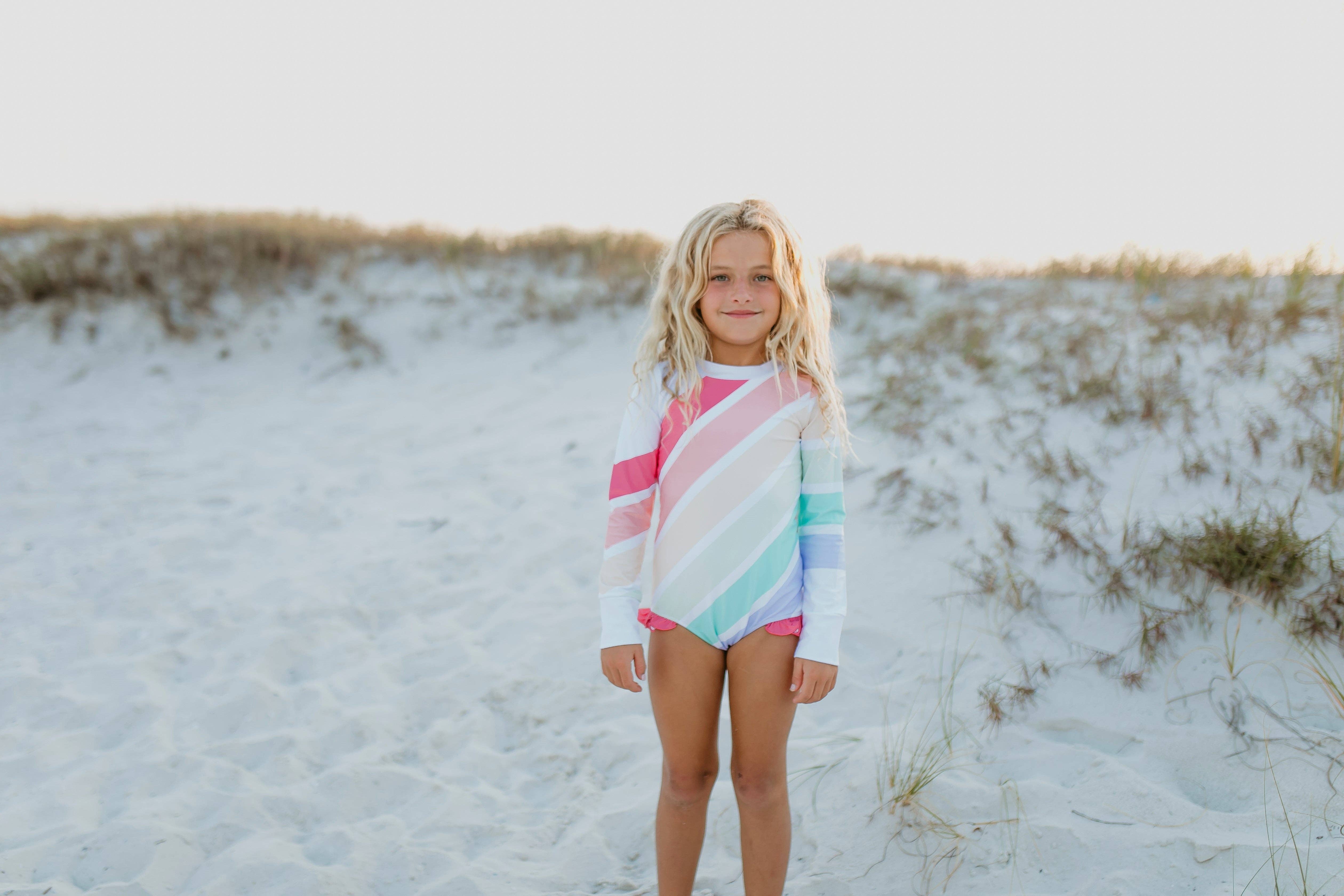 Oopsie Daisy - Wholesale One Piece Swimsuit - Kids - Kids Pastel Rainbow Stripe Zip Rash Guard One Piece Swimsuit4