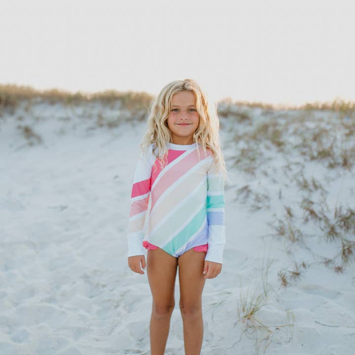 Oopsie Daisy - Wholesale One Piece Swimsuit - Kids - Kids Pastel Rainbow Stripe Zip Rash Guard One Piece Swimsuit4
