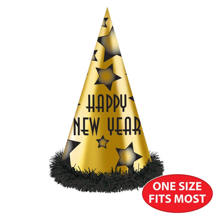 Beistle - Wholesale Party Hat/Crown - Black and Gold Happy New Year 12" Party Hats
